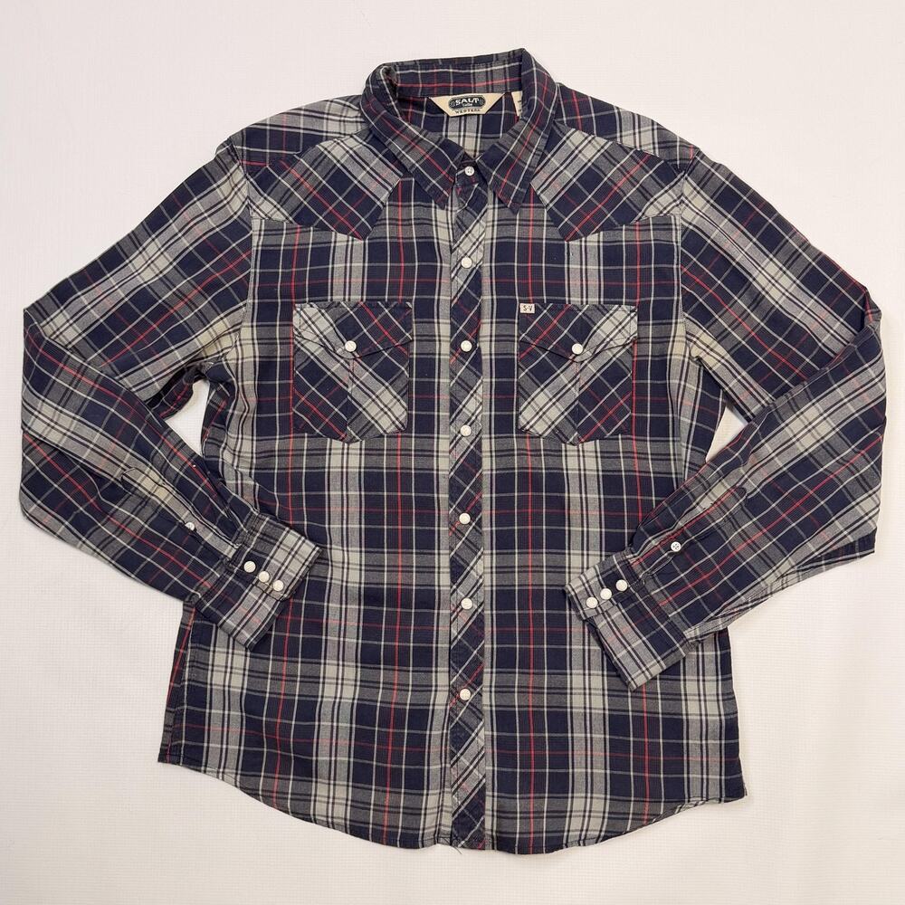 Salt Valley Western Shirt Mens Large Blue Plaid Snap Front Long Sleeve Cotton